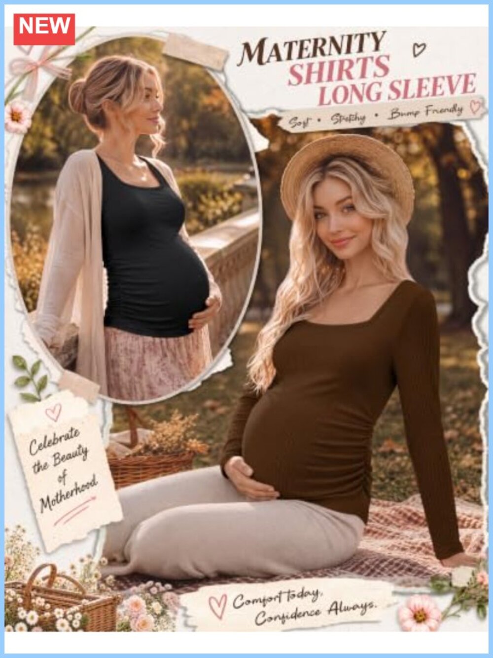 Maternity Long Sleeve Square Neck Ribbed Ruched Tops 4 Pack - Picture 5 of 5